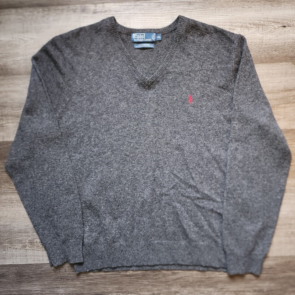 Polo By Ralph Lauren Men's XL 100% Lambs Wool Sweater V-neck Gray Preppy Classic